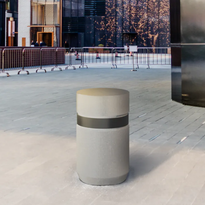 Brute concrete bollard below-ground installation view showing 400mm fixing depth and steel collar, Townscape Products Brute concrete bollard below-ground installation view showing 400mm fixing depth and steel collar, Townscape Products
