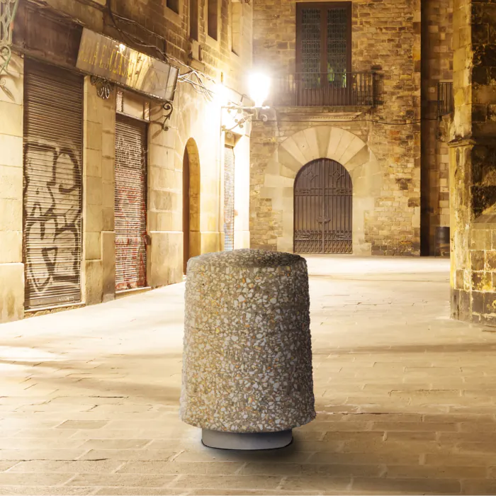 Melton concrete bollard below-ground installation view showing 390mm fixing depth, Townscape Products                            