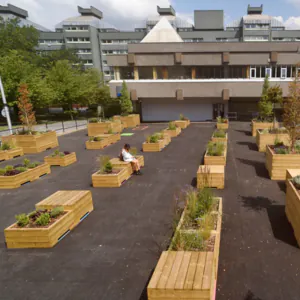Timber seating from Broxap in park setting
