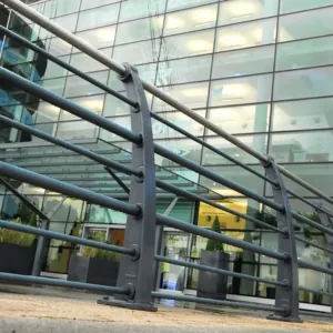 Broxap railing showing blend of design and functionality next to office building